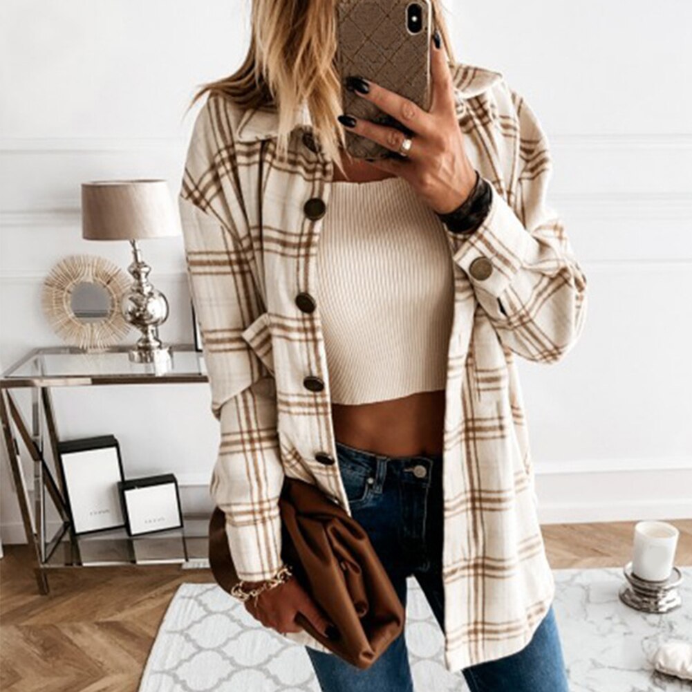 Dames stijlvolle omslagkraag zakken jas geruite knopen lang overhemd jas