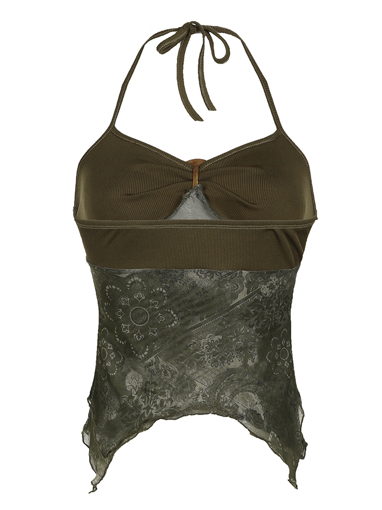 Sweetown-camisola Retro verde bosque con estampado Vintage para mujer, camisola bohemia Y2K con Espalda descubierta, Tops asimétricos con lazo Halter, ropa para vacaciones de verano