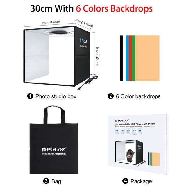 PULUZ – boîte de Studio Photo Portable, 3 modes d&#39;éclairage, photographie, anneau LED, Kit de tente de prise de vue, boîte à lumière de fond 6/12 couleurs Studio de photographie Lightbox, Softbox de décors de 6 couleur: 30cm Studio Box