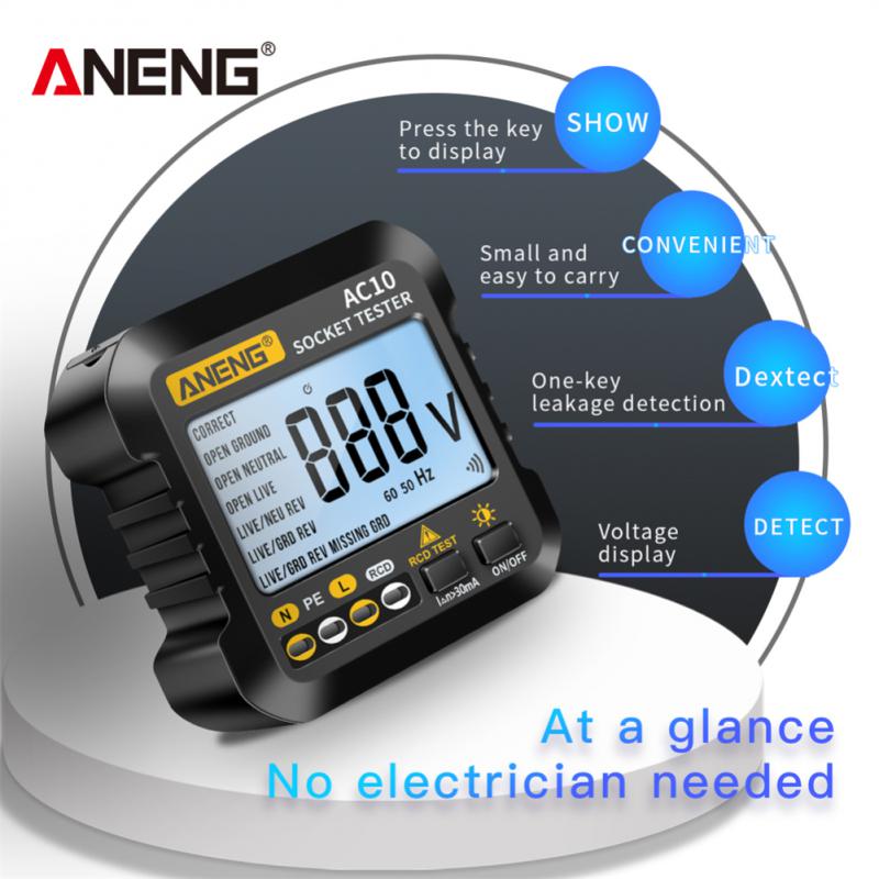ANENG Socket Tester AC10 Plug Detector Multimeter Digital Tester Zero Fire Line Polarity Phase Check Phase Detector US/EU Plug