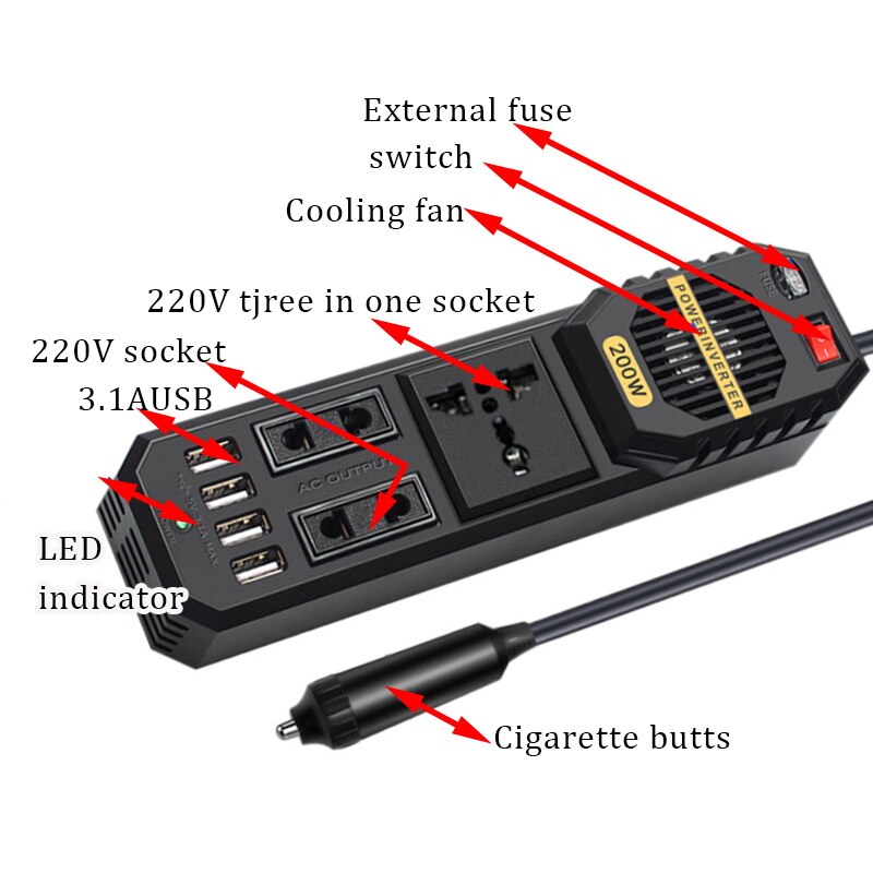 200W 12V-220V Universal Plug + 4 USB Interface Modified Sine Wave Car Inverter Power Socket