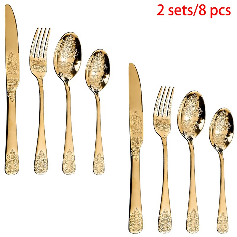 Golden Bestek Set, Europese Mes En Vork Lepel Reliëf Westerse Servies Retro Rvs Bestek Sets: green