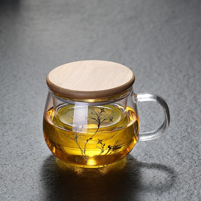 Transparent Glass Tea Cups Household Flower Teacups with Lid and Filter Heat Resistant Water Mug Office Drinkware: 350ml B