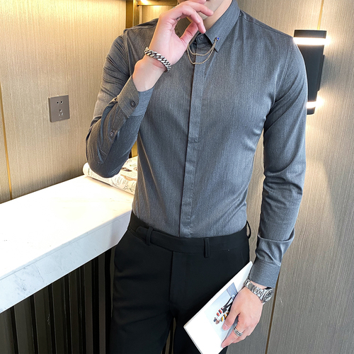 Brand clothing Men&#39;s cotton Business Dress Long Sleeve Shirts/Male Slim Fit Lapel Casual shirts Camisas De Hombre S-3XL: Gray / Asia M 52-57kg