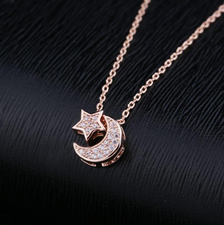 Trendy Zirconia Zilveren Plating Moon Star Hanger Ketting Mode Gouden Ketting Kettingen Voor Vrouwen Bruiloft Sieraden: Goud-kleur