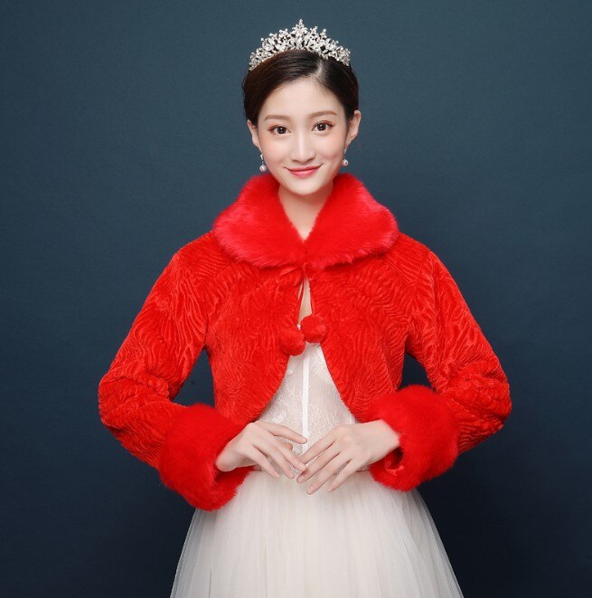 Femmes ivoire rouge hiver fausse fourrure mariage mariée haussement d'épaules robe à manches longues accessoire Cape revers col châle boléro manteau