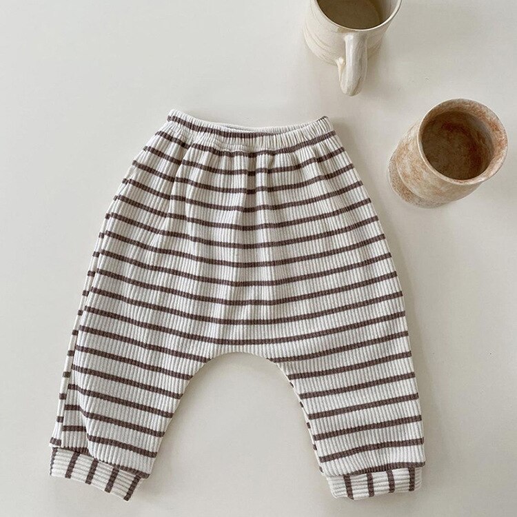 Herfst Baby Casual Gestreepte Broek Jongens Grote Pp Broek Katoen Elasticiteit Meisjes Leggings Kinderen Broek: brown / 9M  73cm