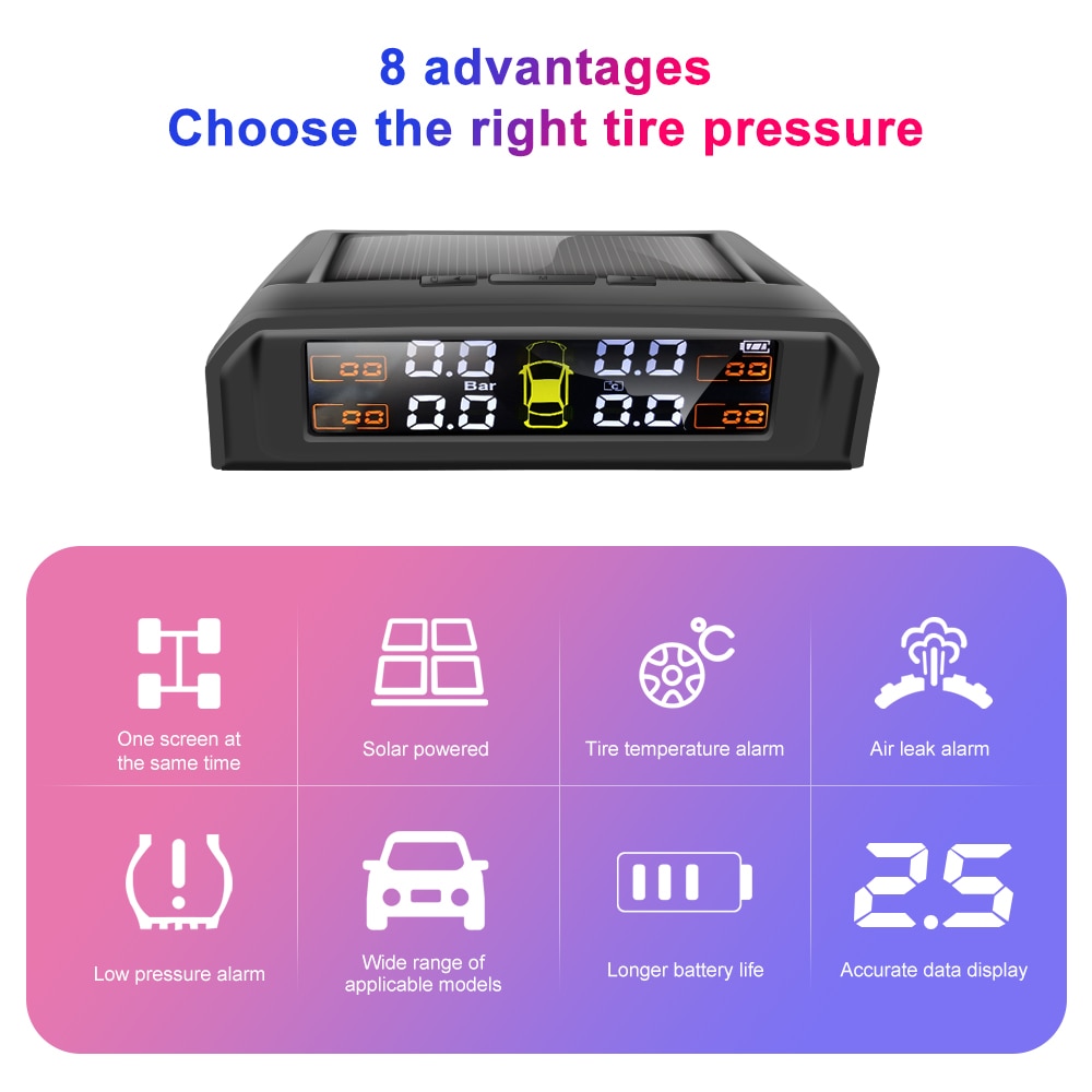 TPMS Car Tire Pressure Alarm Monitor System Real-time Display Attached to glass wireless Solar power with 4 sensors