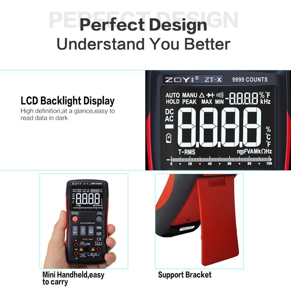 Zt-x digitalt multimeter automatisk rækkevidde sand rms ac/dc volt amp ohm kapacitans duty cycle ncv diode temperatur tester 9999 tæller
