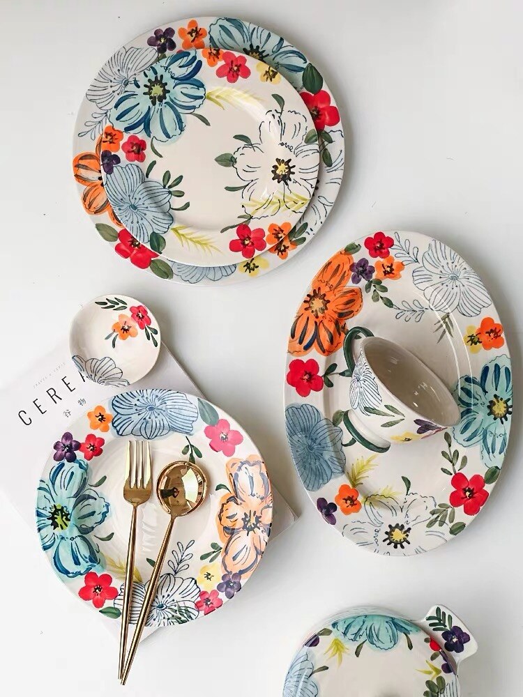 Flower Blooming Ceramic Dinnerware Set Personality Bowl Fish Plate Saucer 6/8/10 Inch Plate Double Ear Noodle Soup Bowl