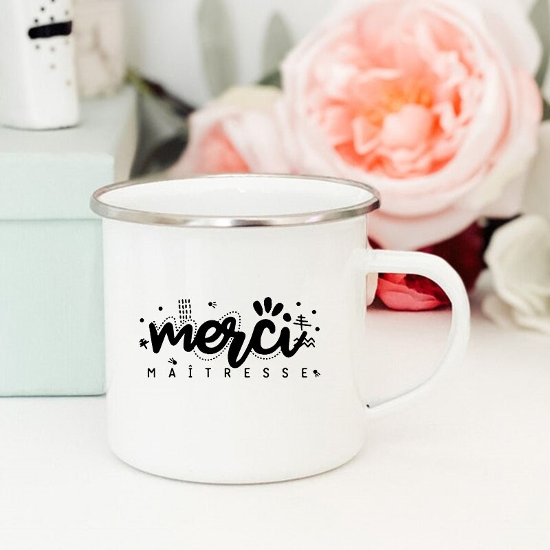 Tasses à café et thé à imprimé de fleurs françaises, créatives, pour boissons, eau et lait, en émail, poignée d&#39;école, maison, verres, pour enseignants
