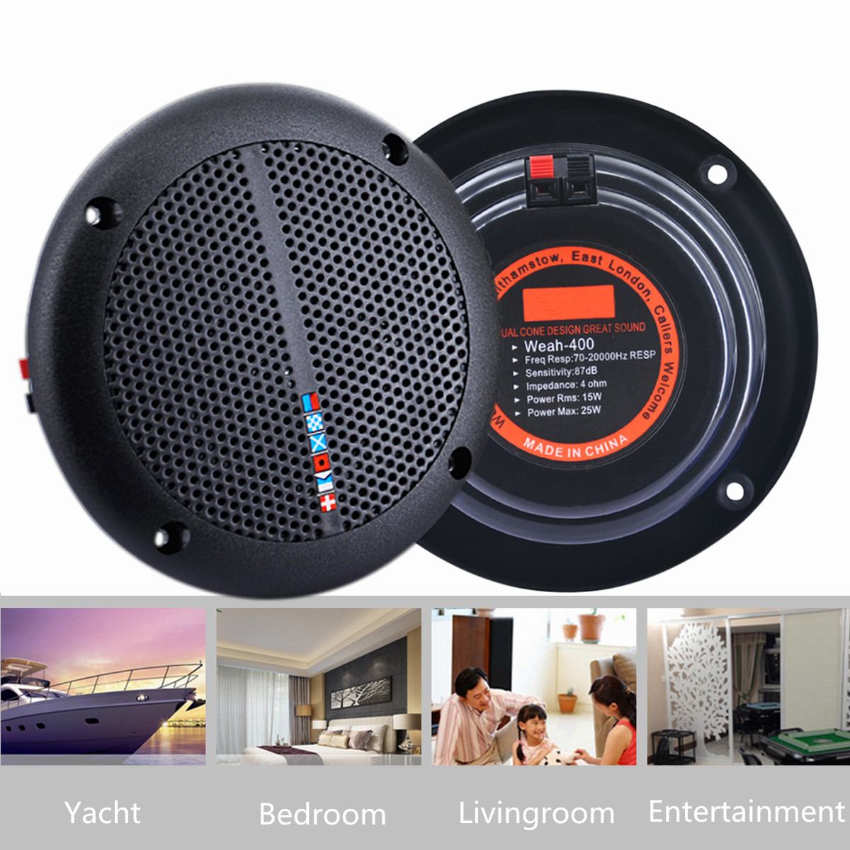 1 Pair 25W Ceiling Speaker Loudspeakers Amplifier Waterproof Marine Boat Ceiling Wall Speakers Kitchen Bathroom Water Resistant