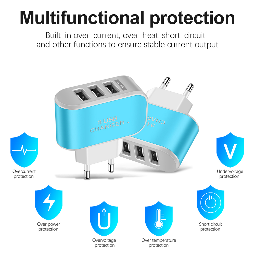 Universal 3 USB Ports Wall Charger 5V 1A Wall Charging Head Mobile Phone Adapter for Smartphones Travel LED Light EU US Plug