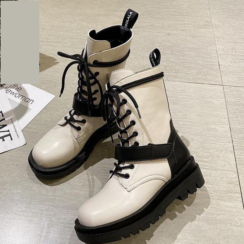 Mid-calf støvler komfortable sko elegante snøre platform støvler efterår all-match britisk vind pu læder kvinde krydsbundet: Beige / 36