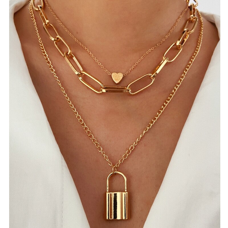 Trendy Key Lock Pendant Necklace For Women Men Punk Big Chunky Chain Multilayed Lock Pendant Necklaces Jewelry Party: CS5759