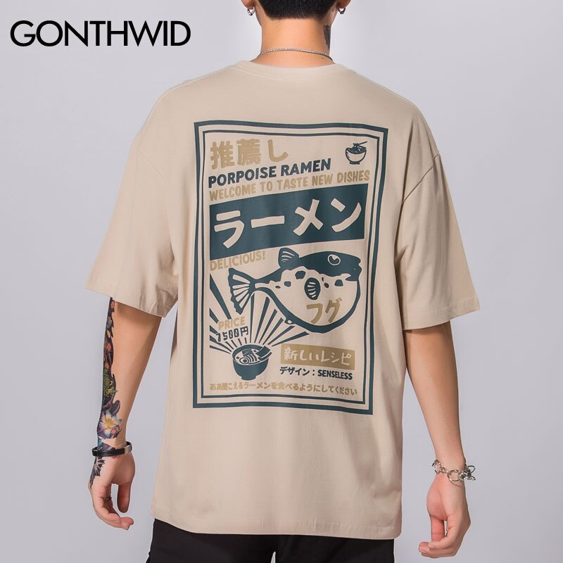 GONTHWID Puffer Fisch Ramen Drucken Kurzarm T Hemden Harajuku Hüfte hüpfen lässig Streetwear T-Hemden Hemd Herren Sommer zu