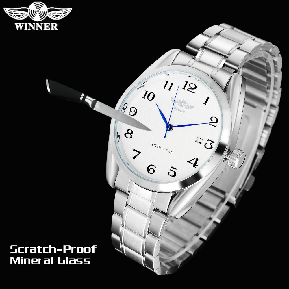 Winnaar Beroemde Mannen Mode Automatische Zelf Wind Horloges Witte Wijzerplaat Transparant Glas Silver Case Roestvrij Stalen Band