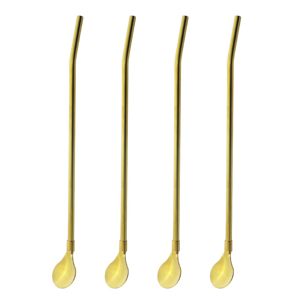 4 unids/set reutilizable paja larga cuchara Multicolor 18/10 pajas de acero inoxidable cuchara para té Bar de café agitación cuchara de beber: Gold