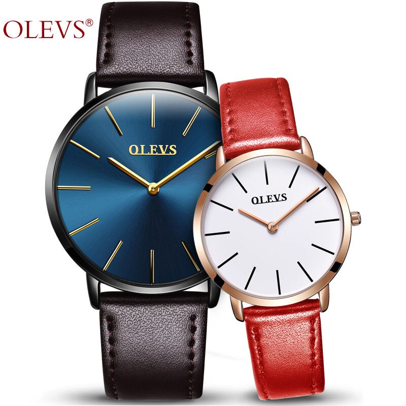 Olevs lovers horloges voor heren, dameshorloge met imitatieleren band, quartzhorloge, herensporthorloge, dameshorloge, dameshorloge, paar, doos: Blauw en rood