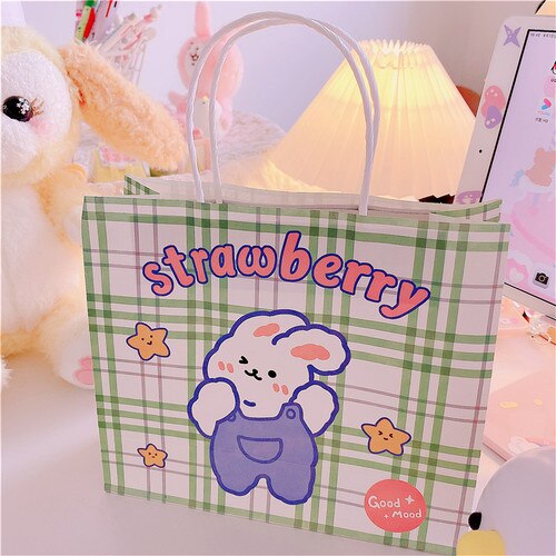 3pcs/lot Grid girl Bags Kraft Packaging Handle Paper Storage Bag for Wedding Candy Favor Bag With Handle Bag: Green Waved Rabbit