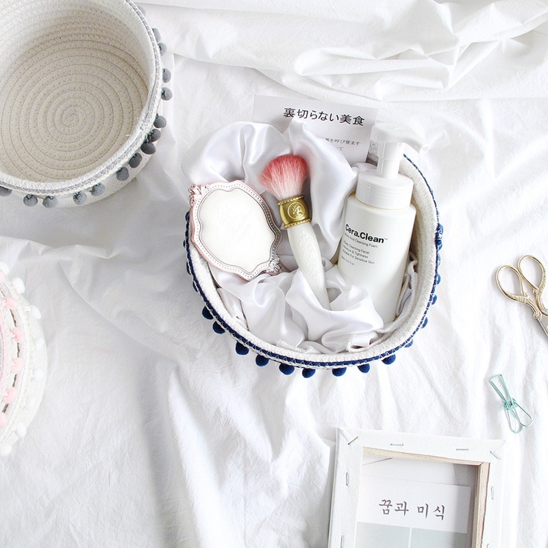 Household White Laundry Basket Unique Woven Wool Ball Storage Basket Home Decoration Cotton Thread Storage Basket