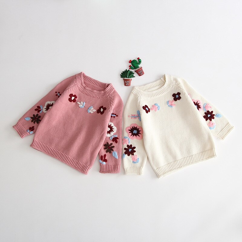 Baby meisjes geborduurde bloemen breien sweaterround kraag trui baby mooie bloemen jas kids