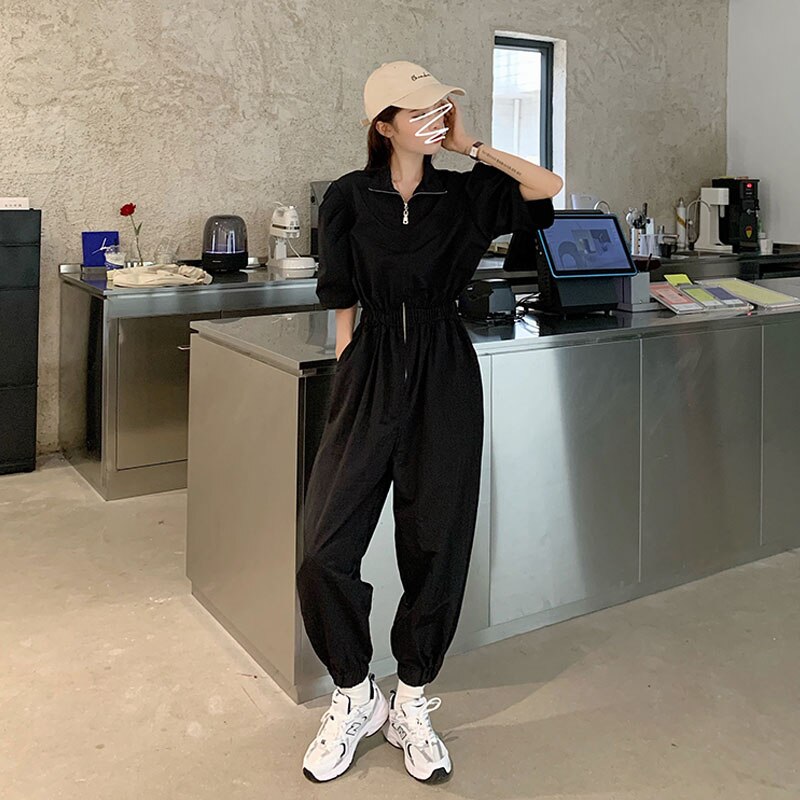 Kvinder afslappet ensfarvet jumpsuit efterår revers lynlås skjorte overalls korte ærmer kontor dame heldragt
