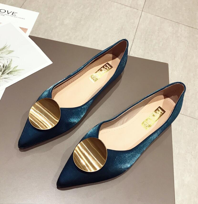 Soft Roll-up ballerina flats woman famous brand curl metal decor moccasins feminina silk pointy espadrilles ladies shoes creeper: Blue / 5