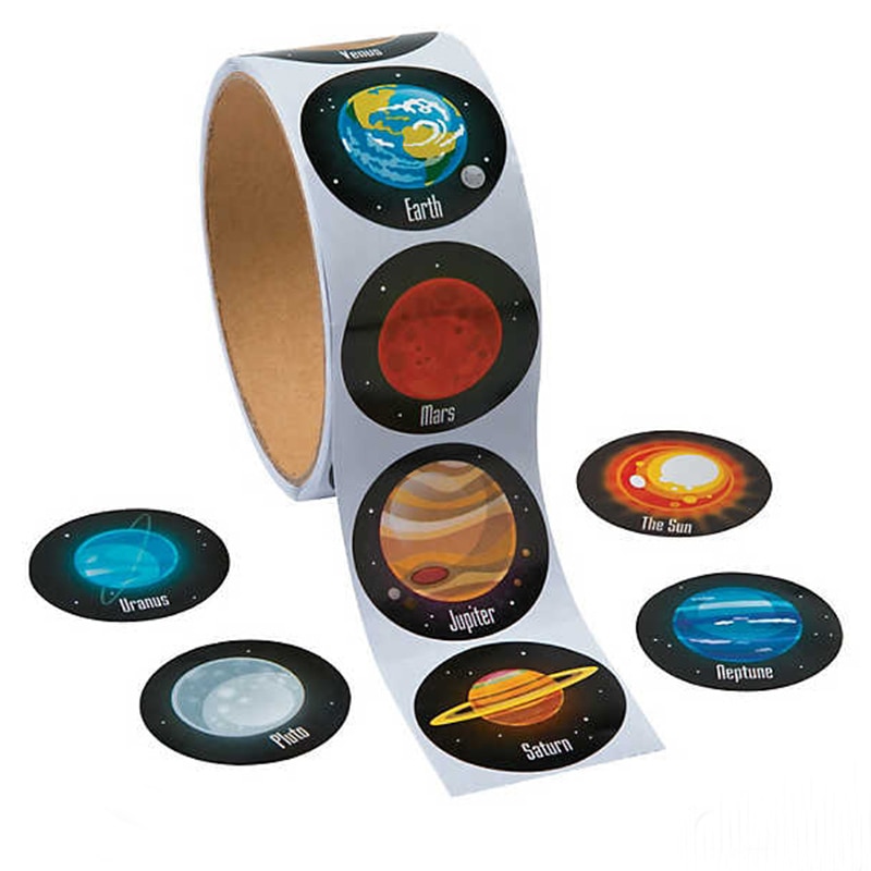 Een Roll Plakband Met 100Pcs Planeet Aarde Stickers Voor Kinderen Grote Kleurrijke Briefpapier Sticker Speelgoed