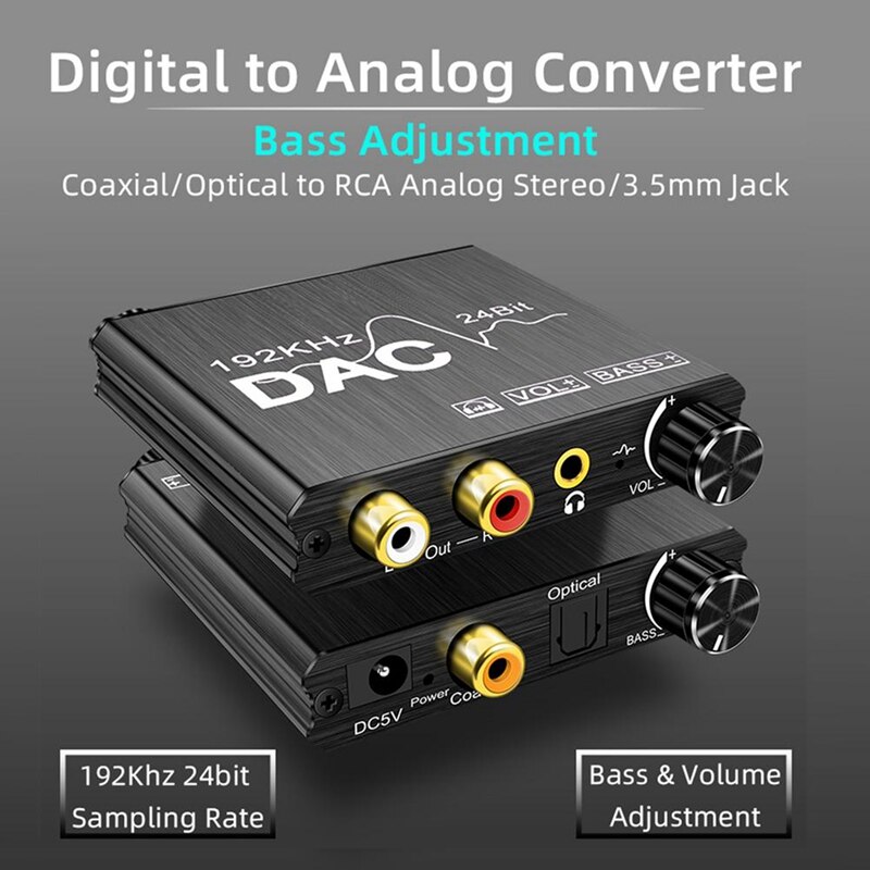 192KHz Digital to Analog Audio Converter with Bass and Volume Control, SPDIF/Optical/Coaxial to Analog Stereo Converter