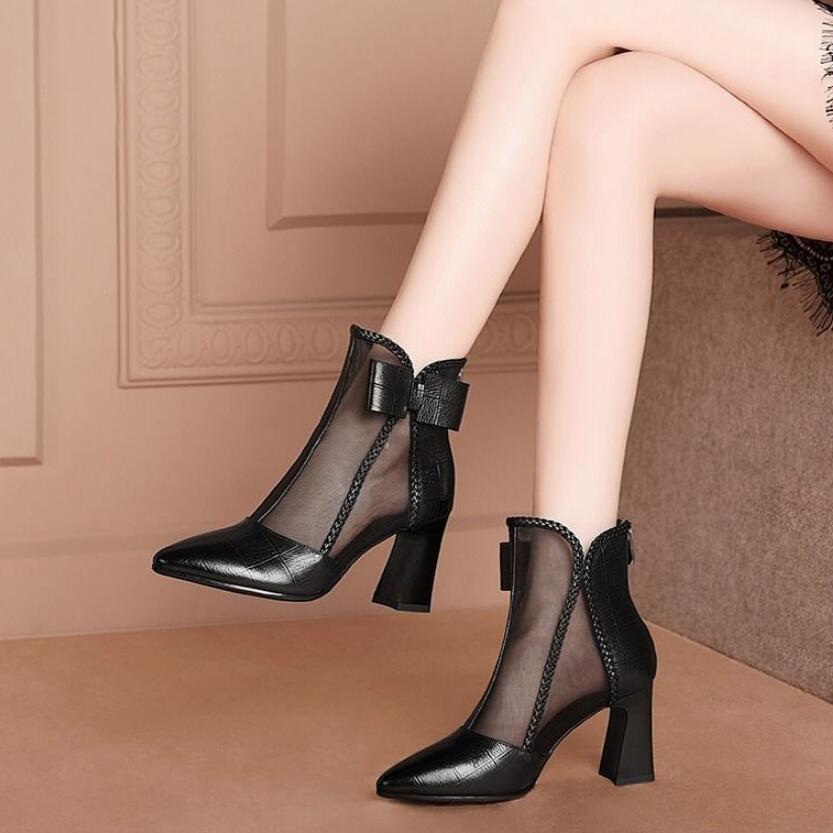 Sandals Boots Women's Mesh Shoes Bowtie High Heeeld Square Heel Pointed toe Woman Summer Heels Back Zip Black Beige: Black / 39