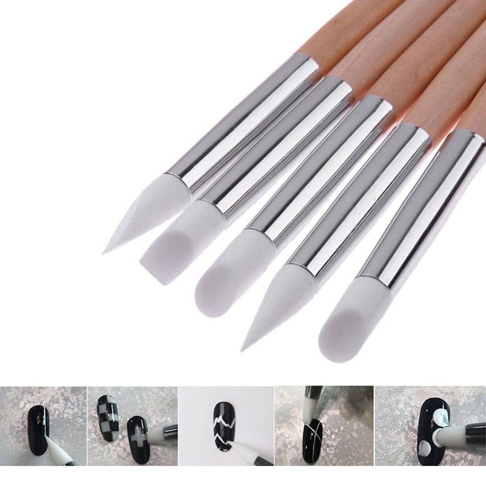 5 uds, pincel de silicona para manicura, grabado en relieve, lápiz de goma para modelador de uñas, herramienta para manicura
