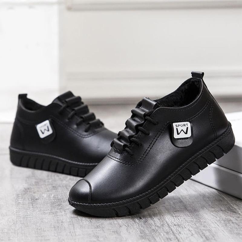 Femmes en cuir Pu peluche sans lacet chaussures plates femme baskets hiver solide couture plate-forme chaussures femme décontracté marche