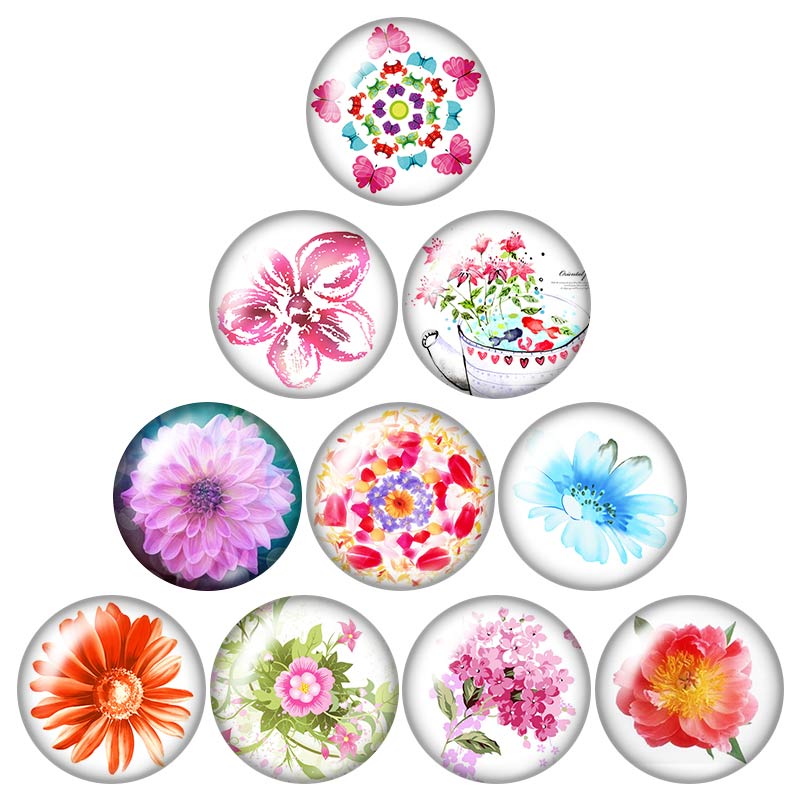 Botones a presión de 18mm con de flores, margaritas y lirios, foto redonda mixta, estilo de cabujón de cristal para joyería con botón a presión, 10 Uds.: DB0055