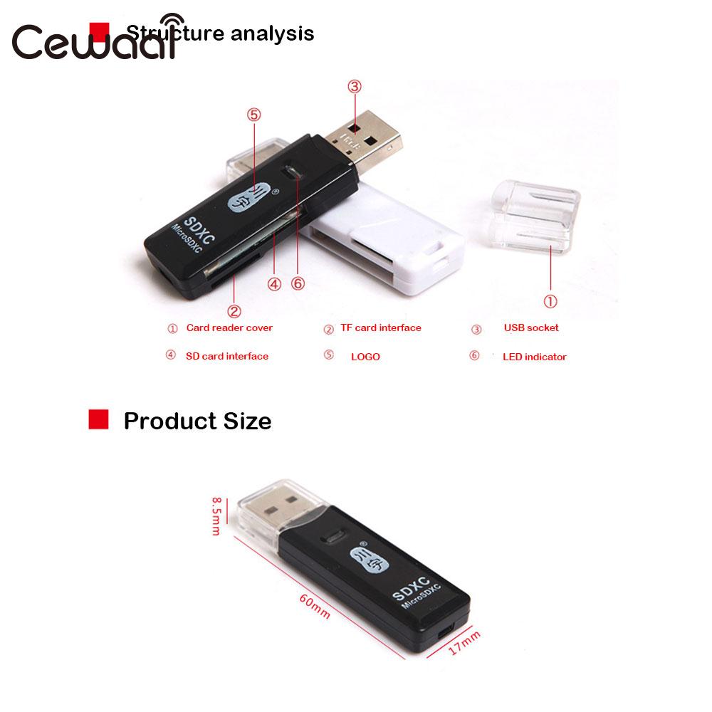 USB 2.0 Memory Card Reader 2 in 1 TF Card Reader Laptop Desktop SD Card Reader