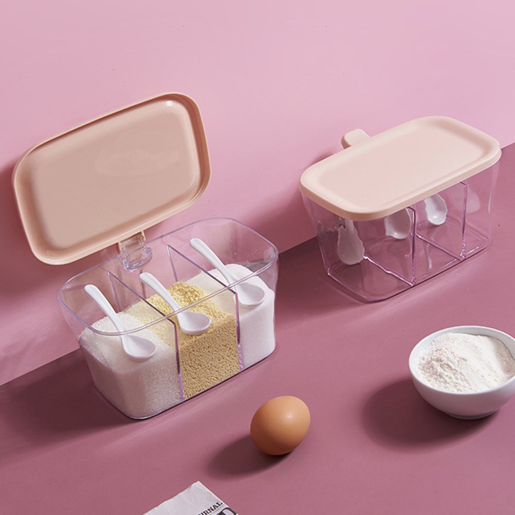 Transparent Organizer 3 Compartment Cooking Condiment Seasoning Box Storage Spice Jar Herb With Spoon Lid Durable Container: Pink