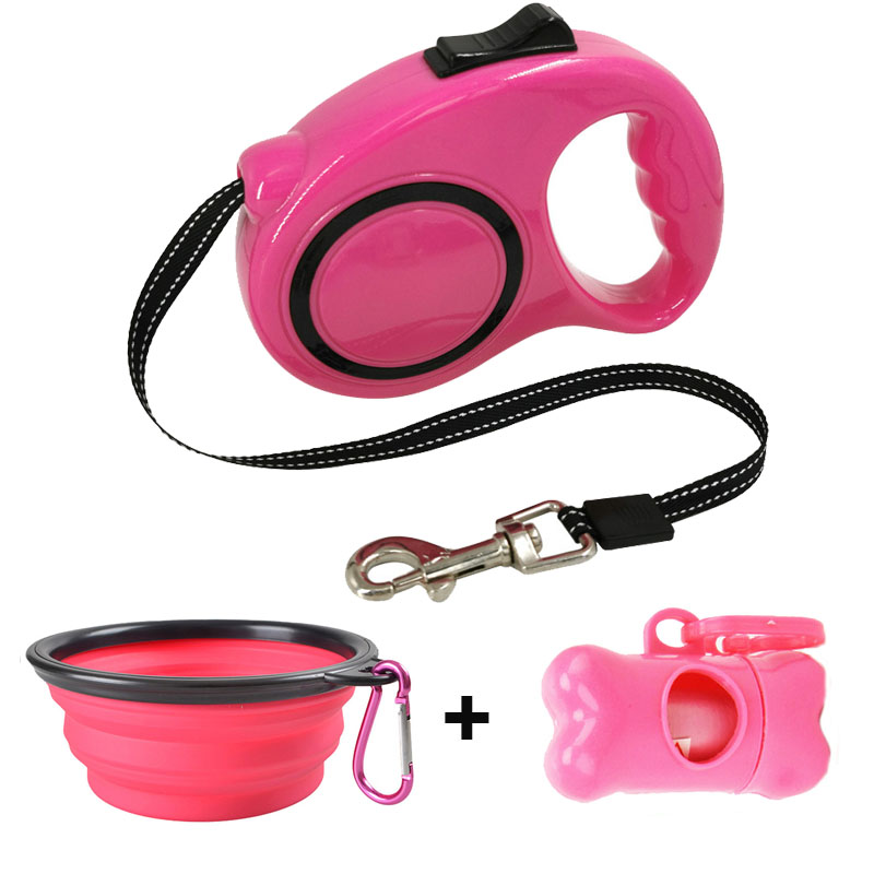 Intrekbare Hondenriem Met Hond Afvalzak Dispenser En Tassen + Hond Kom Zware Walking Leash Voor Honden Pet puppy Leash 3M/5M: Pink 2 / 3M