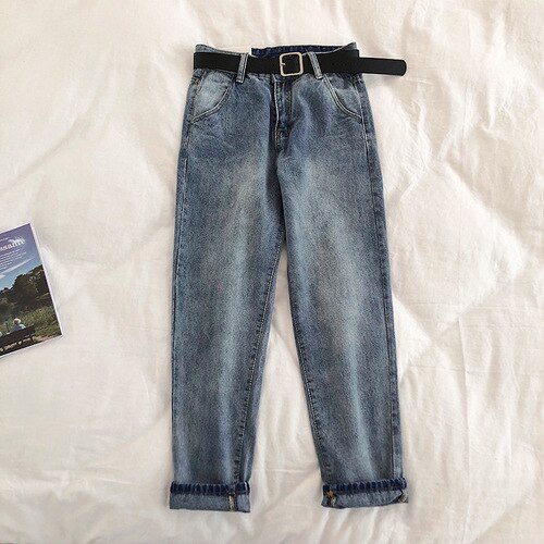 Woherb vintage dam boyfriend jeans för kvinnor mamma jeans med hög midja casual penna byxor koreanska streetwear bälte jeansbyxor: Blå / L
