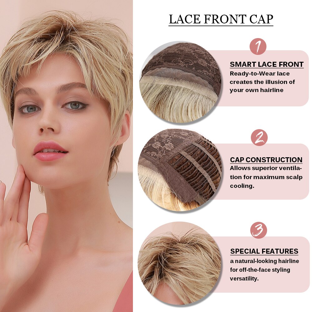 ALAN EATON Lace Front Wigs with Bangs Natural Layered Ombre Black Brown Blonde Pixie Cut Short Straight Lace Hair Wigs for Women