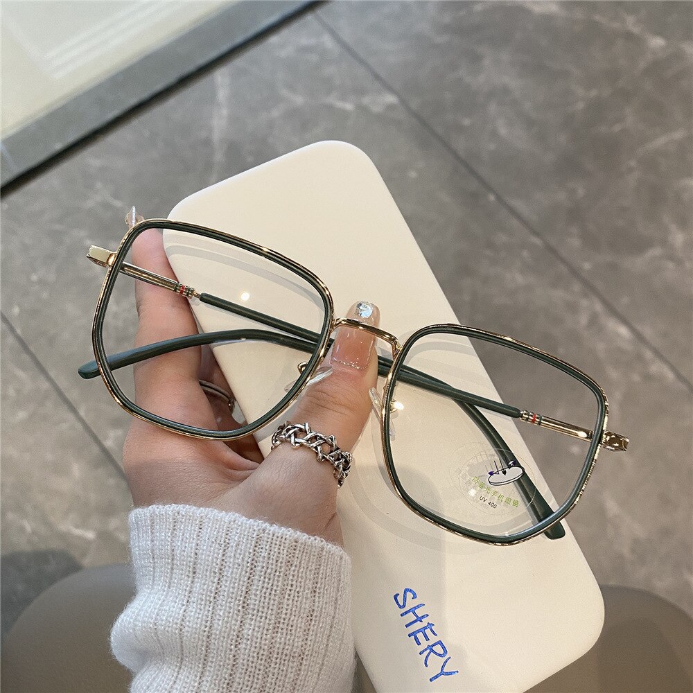 women square polygon glasses for girl female metal frame glasses plain glasses Nearsighted Eyewear Glasses -1.0 -2.5 -2: green / +250