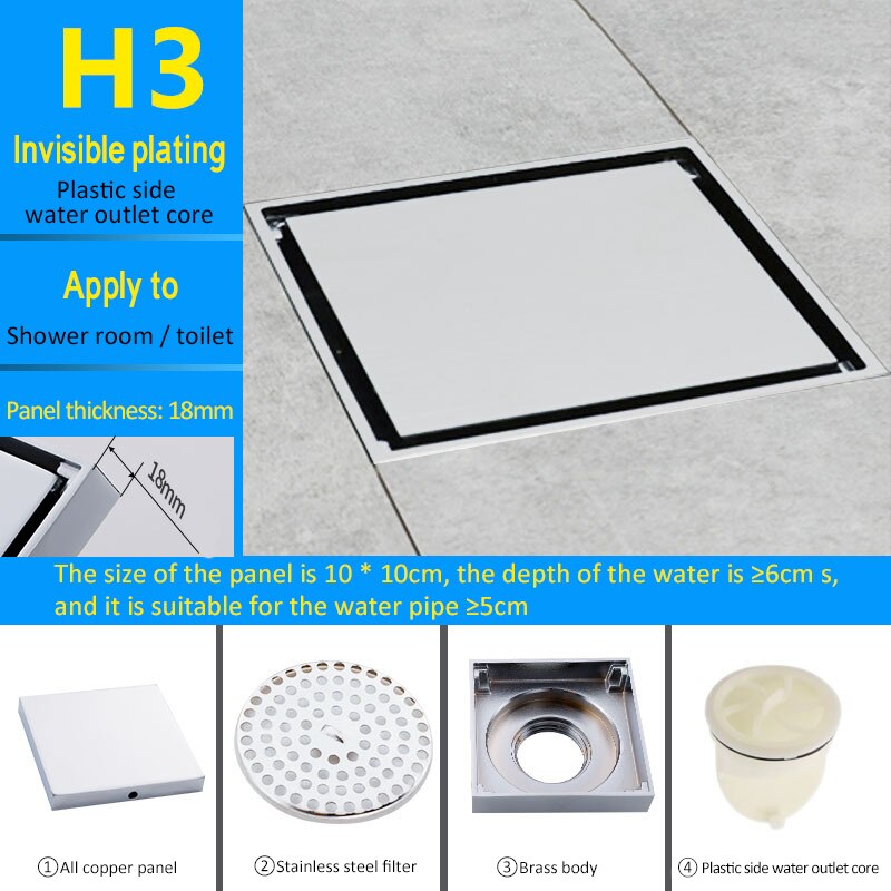 Dreno de assoalho inoxidável, dreno de assoalho quadrado de aço inoxidável para drenagem de piso, canal de drenagem para cozinha do banheiro: H3