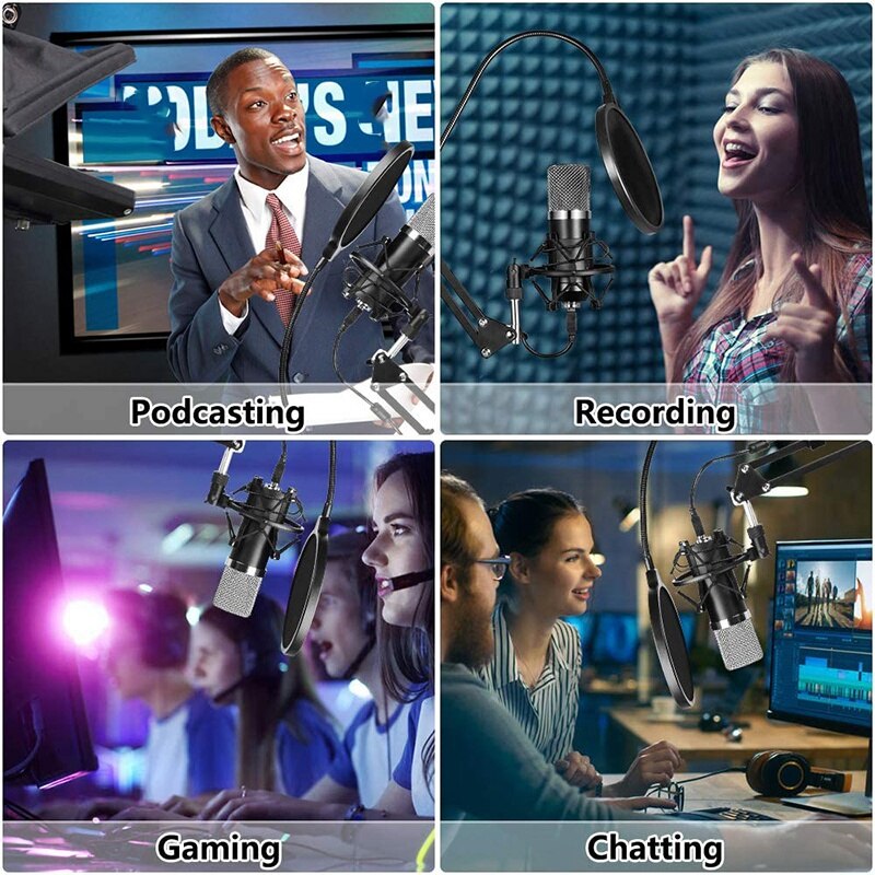 Microphone,Cardioid Condenser Microphone Kit,with Boom Arm Shock Absorber Bracket Blowout Prevention Net,for Game,Record