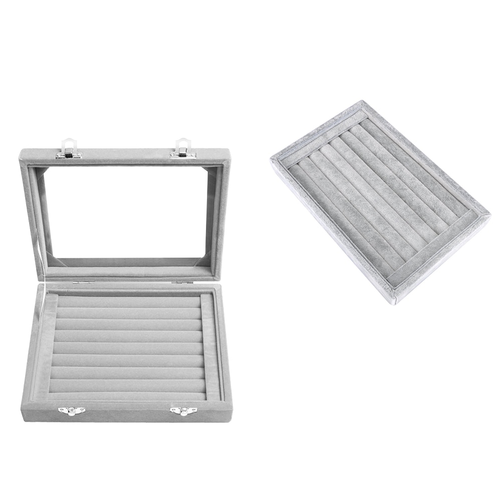 Earring Storage Case 24 Grids & 7 Slots Ring Velvet Display Case Box Ring Organizer Jewelry Tray Showcase Clear Glass Lid-Gray