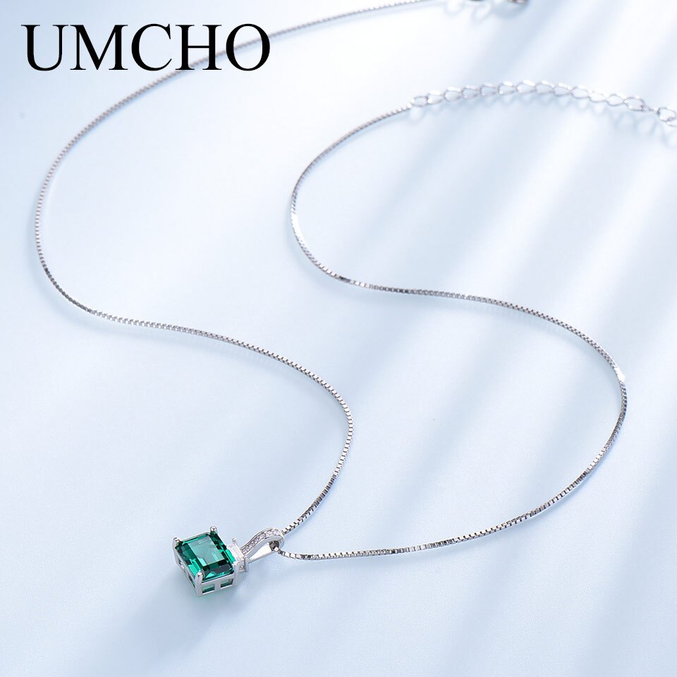 UMCHO Rechthoek Nano Emerald Ketting Echt 925 Sterling Zilveren Hangers Kettingen voor Vrouwen Anniversary Fijne Sieraden