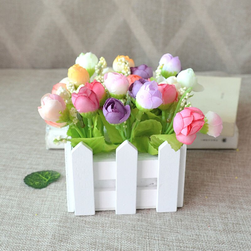 1 sett tregjerdevase + blomsterrose og tusenfryd silke kunstige blomster hjemmedekorasjon hageinnredning bursdag: F
