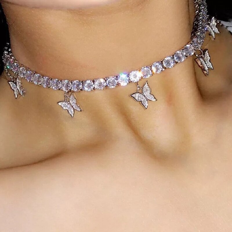 Boho strass borboleta charme com corrente de cristal moda colares bijoux para feminino elegante bling cristal gargantilha jóias