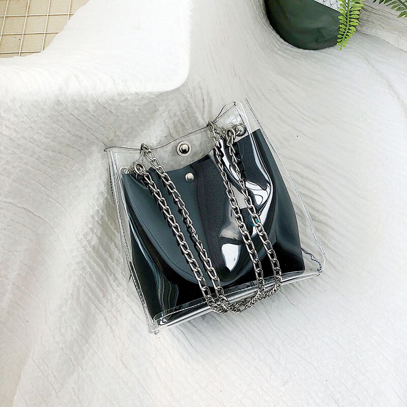 Ljl kvinner små bøtteposer plast gjennomsiktig totes kompositt kjede bag kvinnelige mini gelé håndvesker