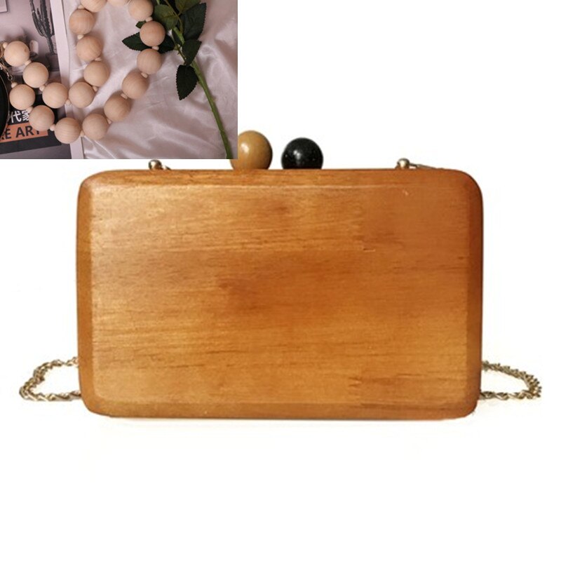 lente en zomer hout serie kraal vierkante doos schoudertas diagonaal hout avond clutch handtas: brown wood chain