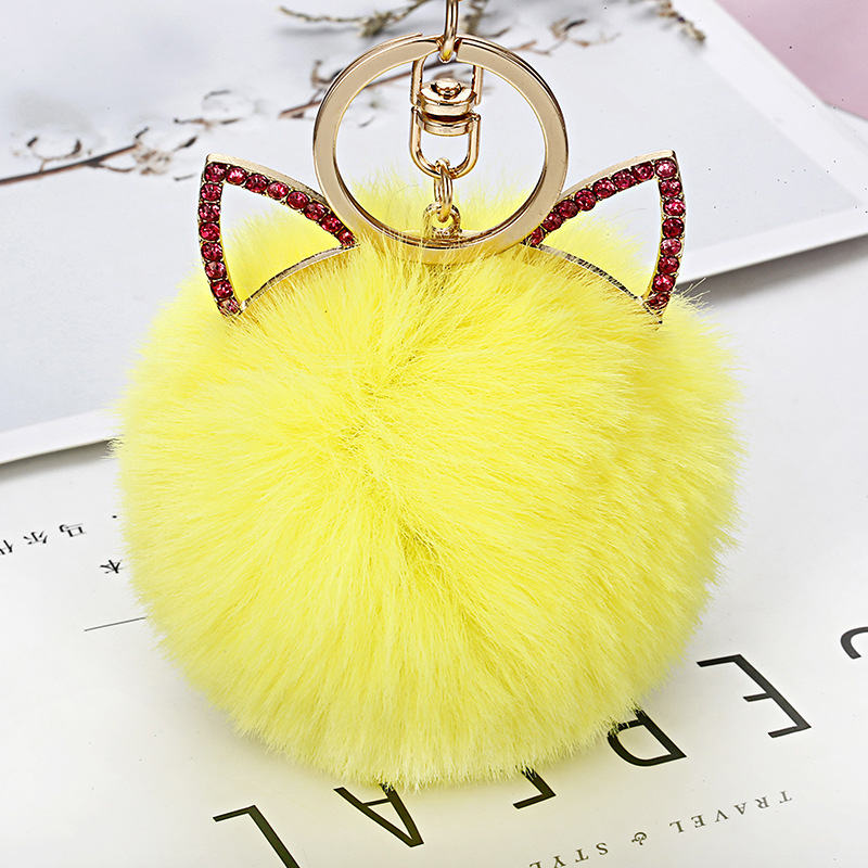 Bolso con colgante de conejo para chica con orejas de gato rosa, accesorios de pompón de bolas de pelo de conejo de imitación, colgante para bolso de mano para mujer: yellow