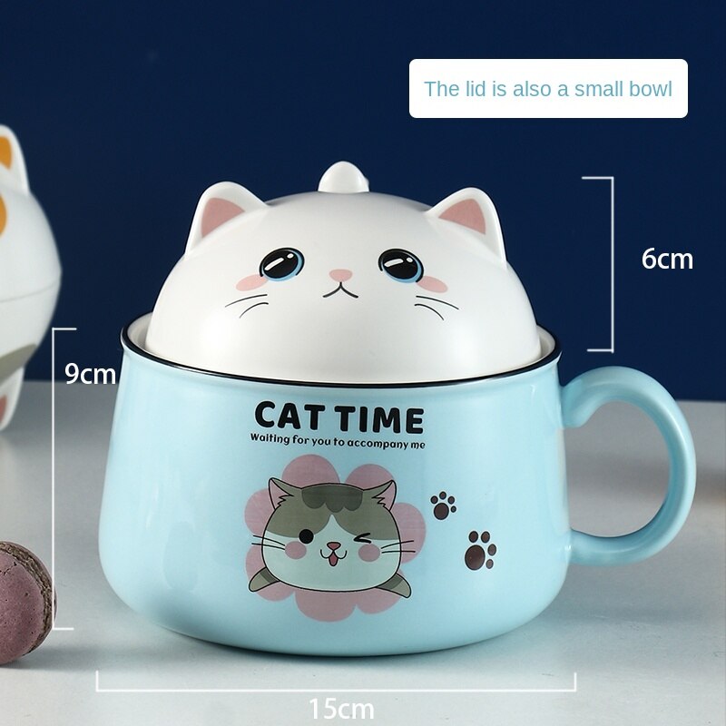 Taza de cerámica con tapa, cuchara, Linda taza de café de gran capacidad, personalidad, tendencia creativa, taza para pareja, para estudiantes masculinos y femeninos: blue Bowls